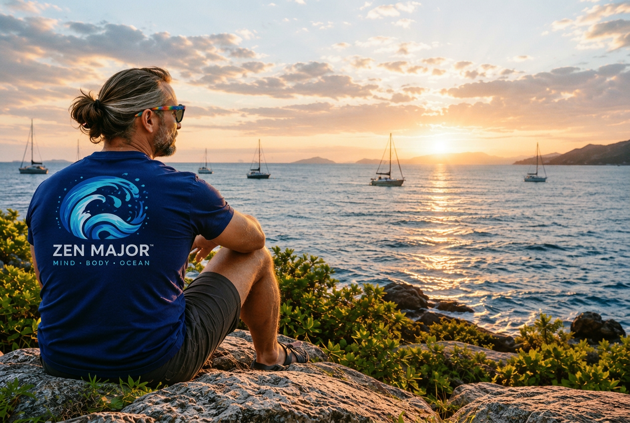 Sunset over a sailboat bay — a Zen Major Mind · Body · Ocean moment
